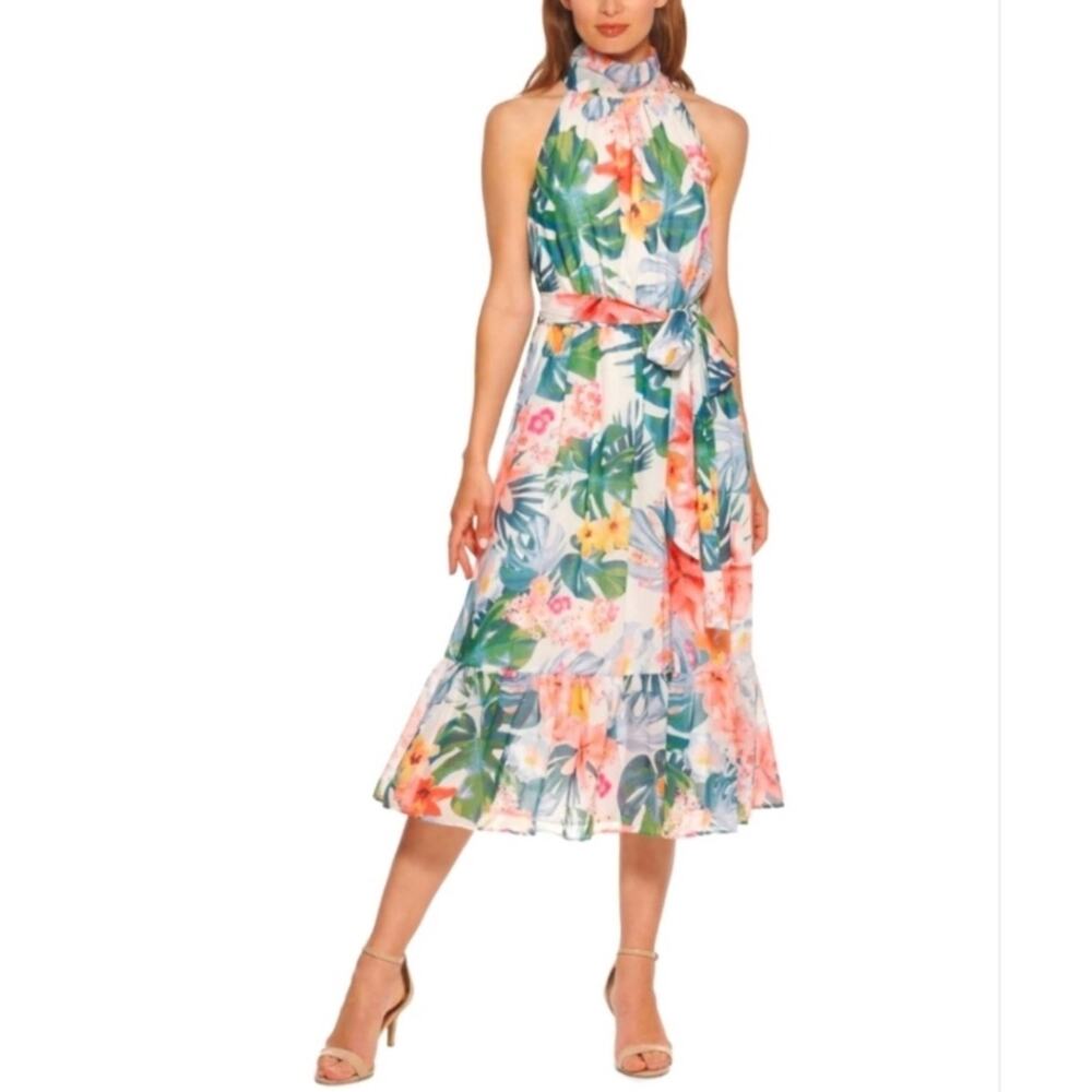 Eliza J Tropical Floral High Neck Midi Dress size 2
